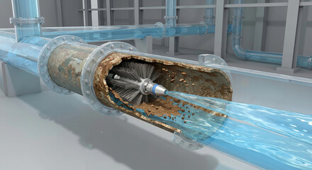 3D illustration of an industrial pipe cleaning robot with rotating brushes and high-pressure water jets removing rust and scale from a pipeline interior, cross-section view.