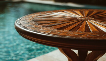 Close-up of ornate wooden table with sunburst design, blurred pool in background