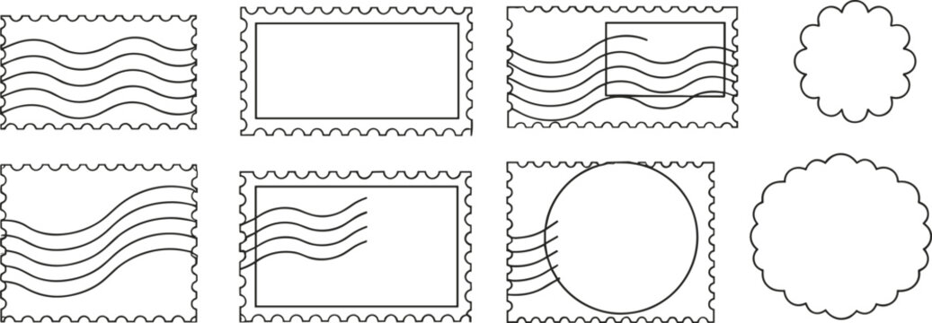 Postage stamp outline frame set with wavy cancellation lines and circular seals, vintage postal border flat vector illustration