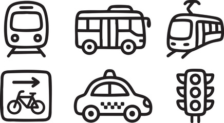 Collection of black and white depicting transportation and traffic symbols train