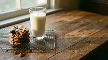 Freshly baked cookies cooling on a wire rack with glass of milk