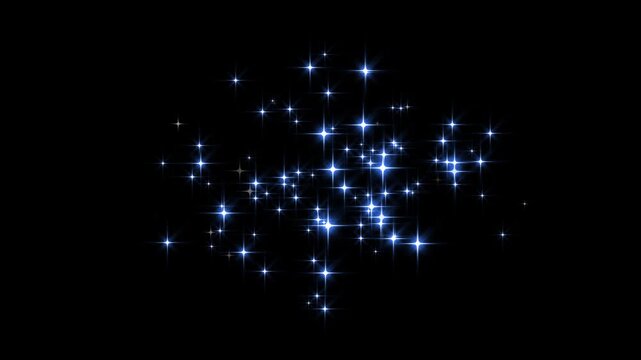 Twinkle sparkle stars burst animation with glowing glitter trail, blue blinking vector star doodles, magic dust particle tail, looping twinkling shine effect overlay on black screen video 4k