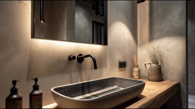 Modern loft bathroom featuring smooth, polished concrete walls and a floating wooden vanity. Matte black fixtures and carefully placed ambient lighting create a serene, spa-like atmosphere.