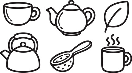Collection of black outline tea and coffee related on white background teapot