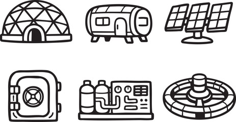 Collection of six black and white depicting futuristic structures and technology dome igloo geodesic