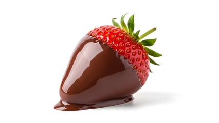 A decadent chocolate covered strawberry with fresh green leaves displayed