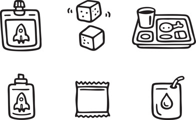 Hand drawn of a rocket flask dice tray meal packet and fuel can space ship launch