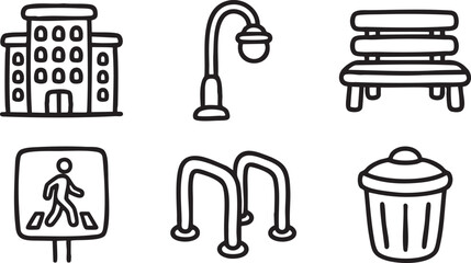 Hand drawn of urban street building lamp bench pedestrian crossing bike rack trash can house architecture