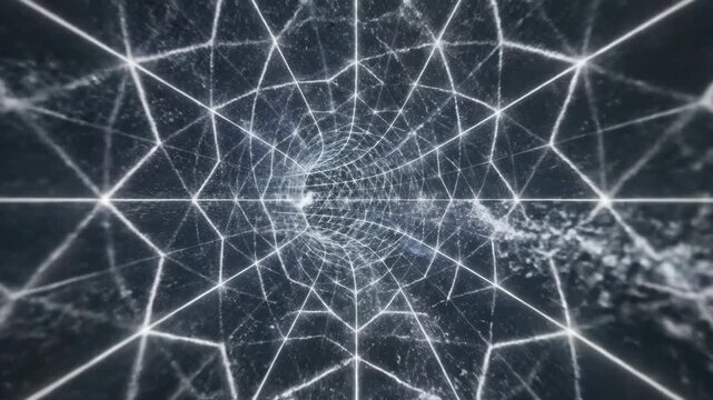 Traveling through a glowing digital web tunnel in a futuristic abstract light motion warp
