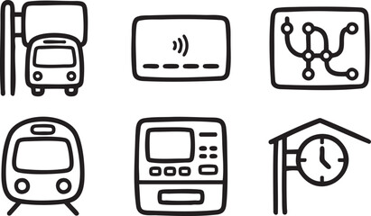 Set of six black and white transportation and payment train subway credit