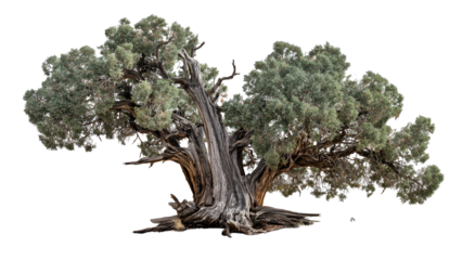 A gnarled, ancient tree with textured bark and lush, green foliage, isolated