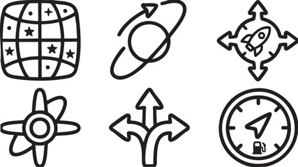 Set of six black and white depicting travel and direction concepts globe stars dots orbit planet