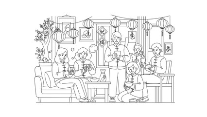 Obraz premium Family Gathering Celebrating Chinese New Year with Lanterns and Traditional Outfits