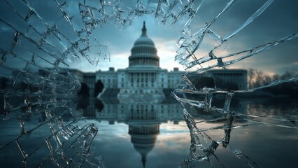 Government Buildings Behind Cracked Glass Symbolizing Fragile Governance and Institutional Instability
Fragile Governance Concept Showing Government Buildings Fractured by Glass Cracks

