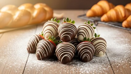 Chocolate covered strawberries and assorted pastries displayed on a wooden surface