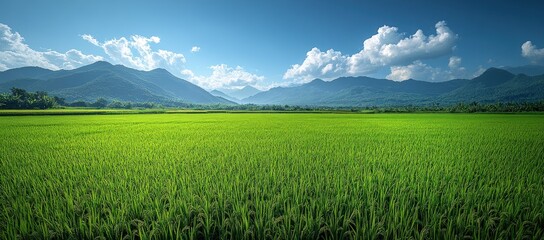 A vast, vibrant green rice field stretches towards distant mountains under a bright blue sky with white clouds