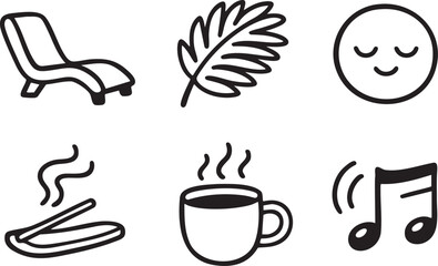 Six black and white simple line representing relaxation and enjoyment leisure symbols