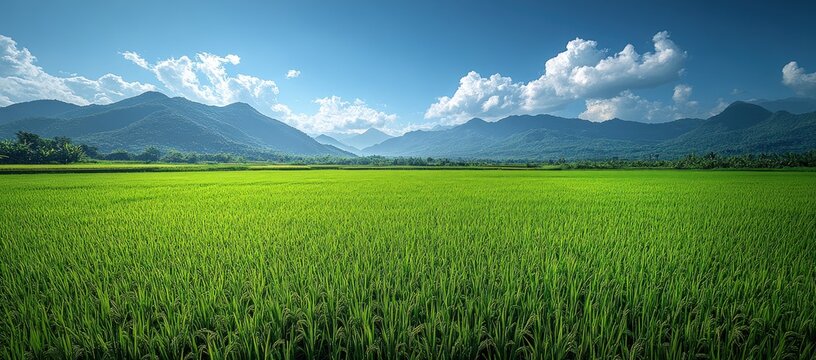 A vast, vibrant green rice field stretches towards distant mountains under a bright blue sky with white clouds - Powered by Adobe