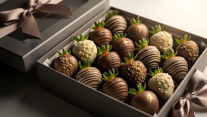 Delicious chocolate covered strawberries presented in an elegant gift box with ribbon
