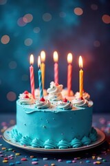 Elegant blue birthday cake, candles ablaze, festive message , sweet, happy, candlelight