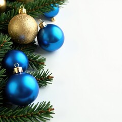 Elegant blue & gold Christmas ornaments arranged on white background Plenty of copy space , gold, flatlay, elegant