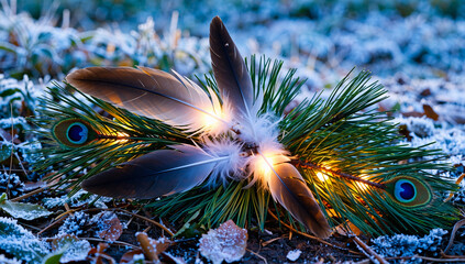 Frosty Peacock Feathers and Pine Needles in Winter