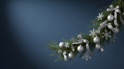 Elegant Christmas garland adorned with sparkling silver ornaments ribbons and glittery snowflakes on a deep blue background with soft lighting creating a serene
