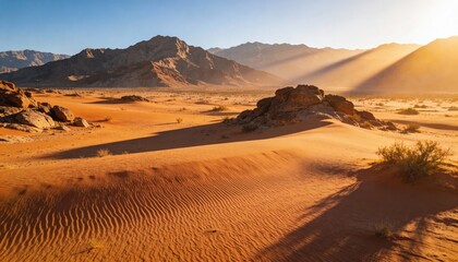 Desert Landscape with Mountain and Dune, Desert Vista With Mountain Shadows, Sunset Sky - Arid Nature View