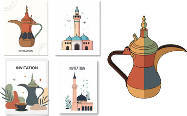 Hand Drawn Flat Vector iftar food Arabic Coffee Pot Illustration