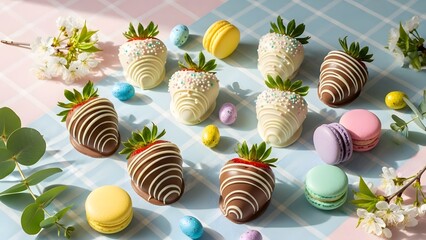 Delicious chocolate covered strawberries and colorful macarons on a pastel background