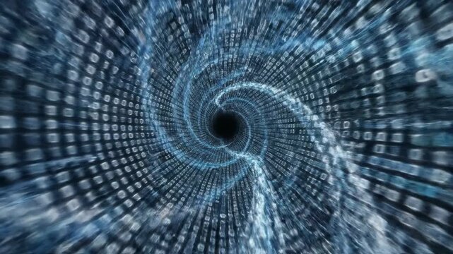 Digital data tunnel with swirling zero and one binary code. Abstract technology concept with information flow. Cyber space visualization.