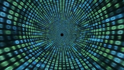 Moving through a digital tunnel of binary code data flow. Abstract blue and green matrix stream with dark center. Modern technology concept. - Powered by Adobe