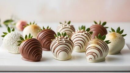 Delicious chocolate covered strawberries arranged beautifully on a white marble surface