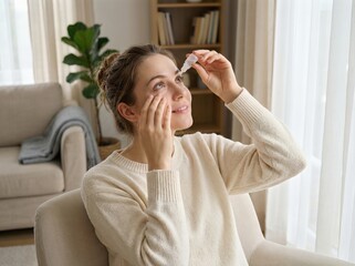 Woman relaxing on sofa using eye drops for comfort in bright living room