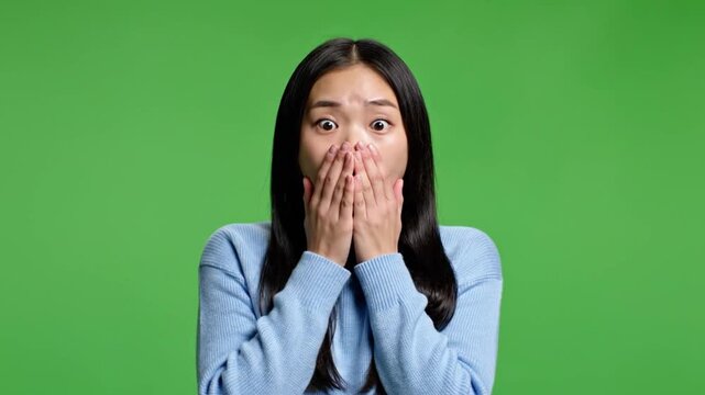 Young Asian woman with surprised expression on green background