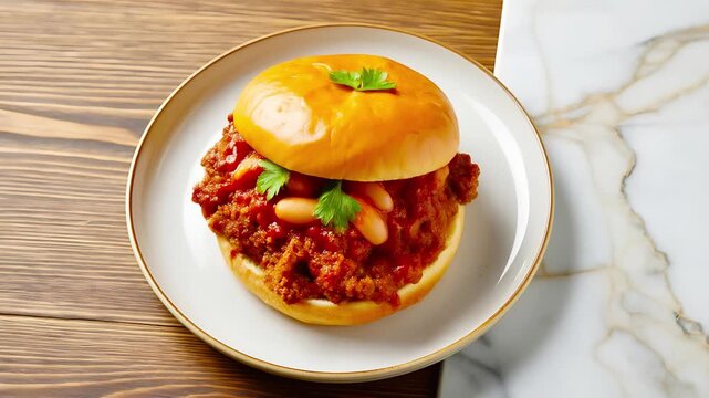 Hearty Sloppy Joe or Chili Burger with Beans and Fresh Parsley Served on a Plate over a Wooden and Marble Surface