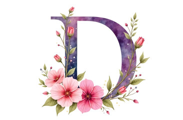 Elegant letter D decorated with blooming pink flowers and green leaves in a watercolor style on a white background, symbolizing nature and art