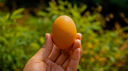 A hand holding an orange egg in a field of green plants