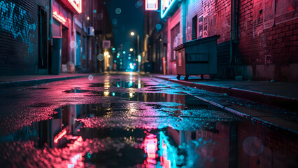 Neon Alley Street with Wet Road at Night
