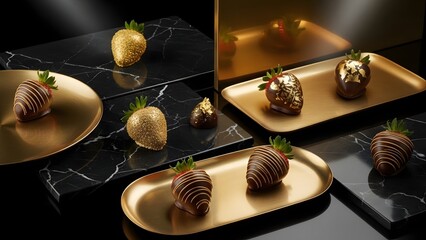 Delicious chocolate covered strawberries presented on elegant gold and marble surfaces