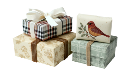 Assortment of wrapped gift boxes with various patterned papers and decorative ribbons