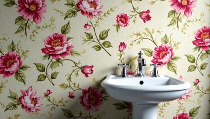Elegant floral wallpaper, pedestal sink, chrome fixtures, feminine, clean, delicate