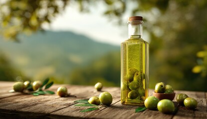 A glass bottle with olives submerged in oil, set outdoors on a wooden surface