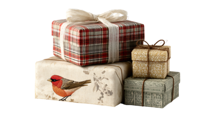 Festive stack of wrapped presents in various sizes and patterns with bows