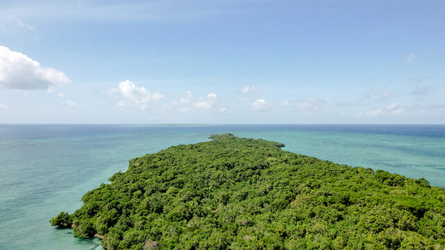 Aerial view of lush tropical island and ocean