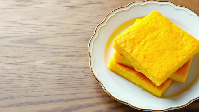 Fresh Baked Golden Cornbread Slices on a White Scalloped Plate Over Rustic Wood Background