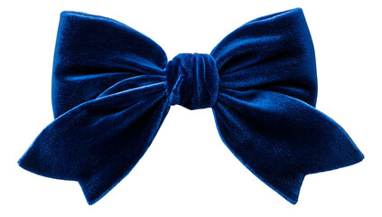 Close-up of a luxurious, deep blue velvet bow, floating on a transparent background