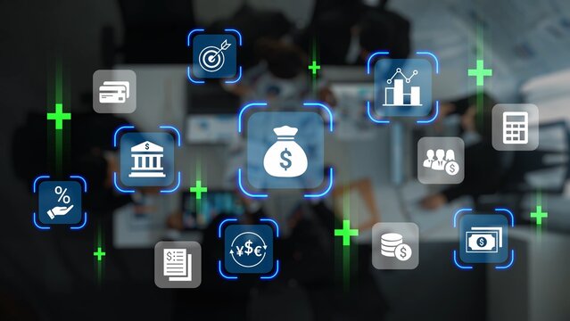 Digital financial concepts and growth strategies with icons depicting investment, banking, statistics, and currency trends in a modern office environment Gluon. - Powered by Adobe