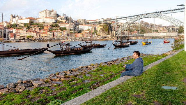 Riverside view of Porto with traditional boats