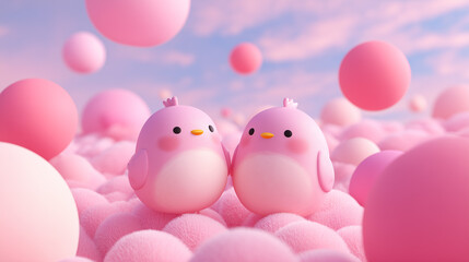 Cute pastel birds floating among soft pink spheres in a dreamy scene.